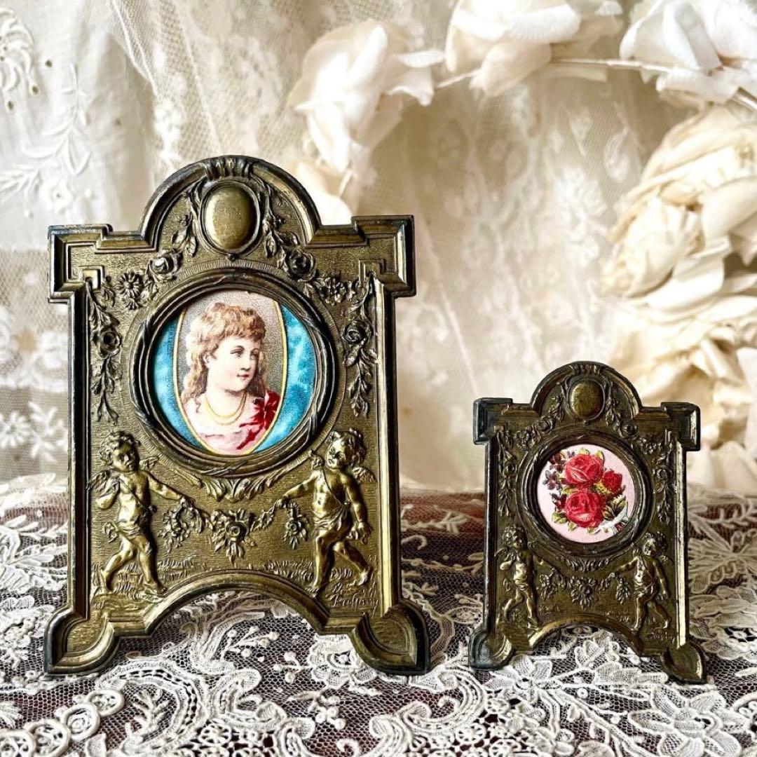天使と花ガーランドのフレーム大小2個セット　フォト写真立て　フランスアンティーク