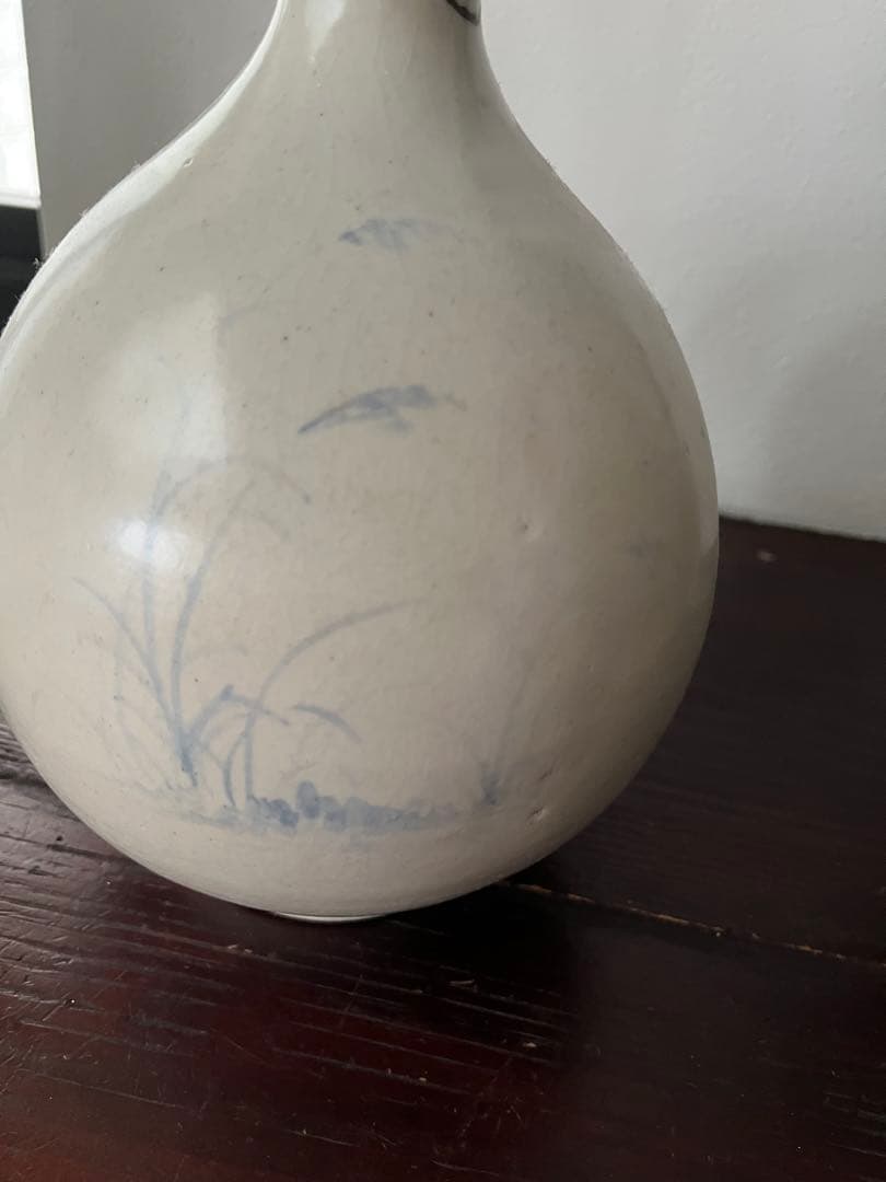 17～18世紀李朝時代後期 染付　金沙里窯系 鳥　青花水禽文盤口瓶 秋草手