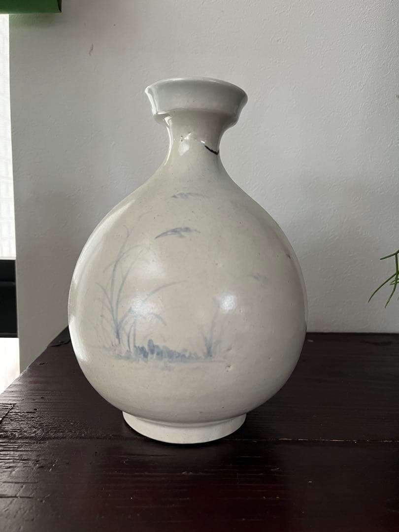 17～18世紀李朝時代後期 染付　金沙里窯系 鳥　青花水禽文盤口瓶 秋草手