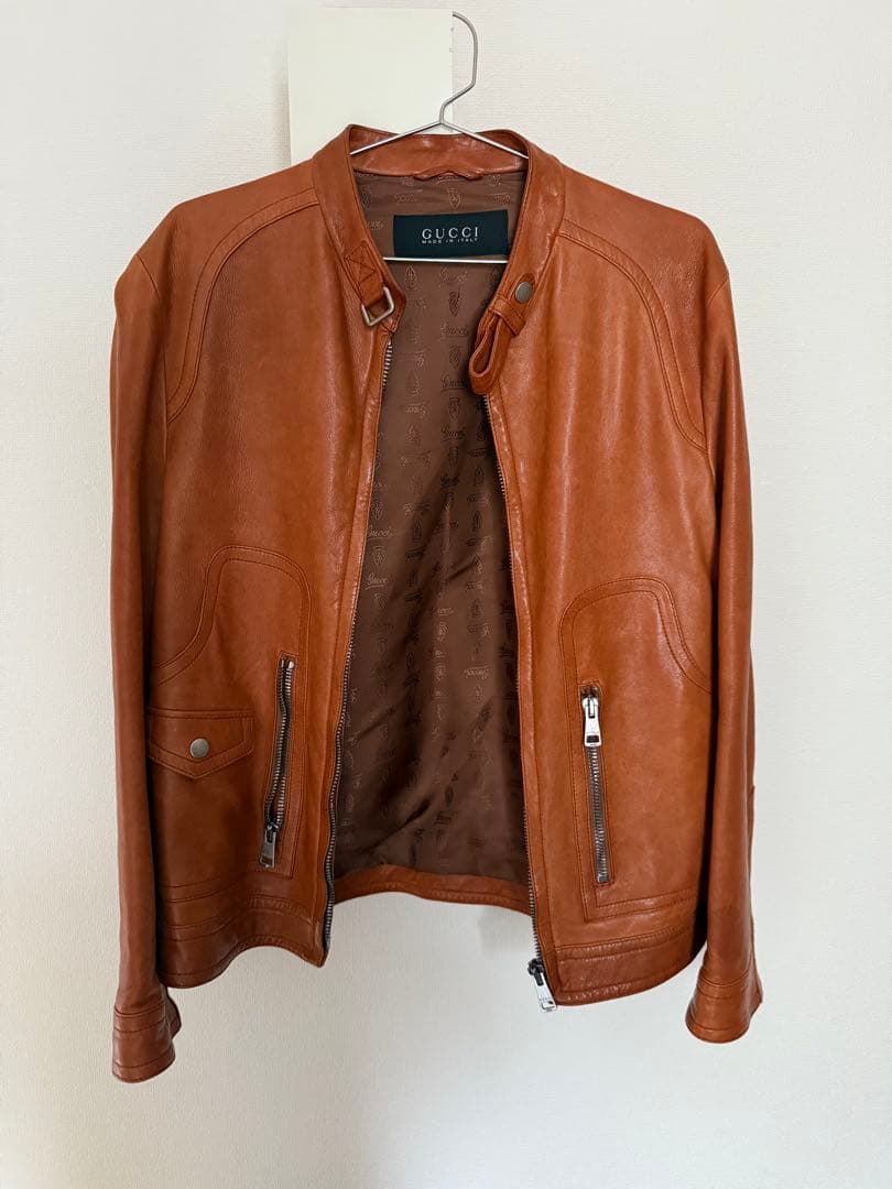【つきのわんこ】GUCCI シングルライダースジャケット ブラウン