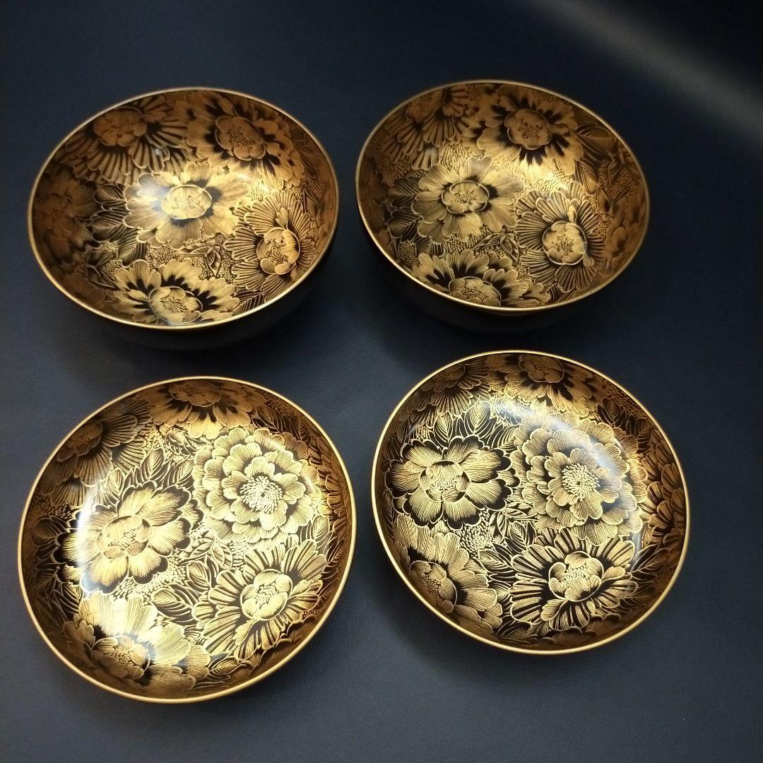 確認用　能登輪島塗 内総沈金 牡丹紋詰 吸物椀 茶道具 懐石 菓子椀 2客