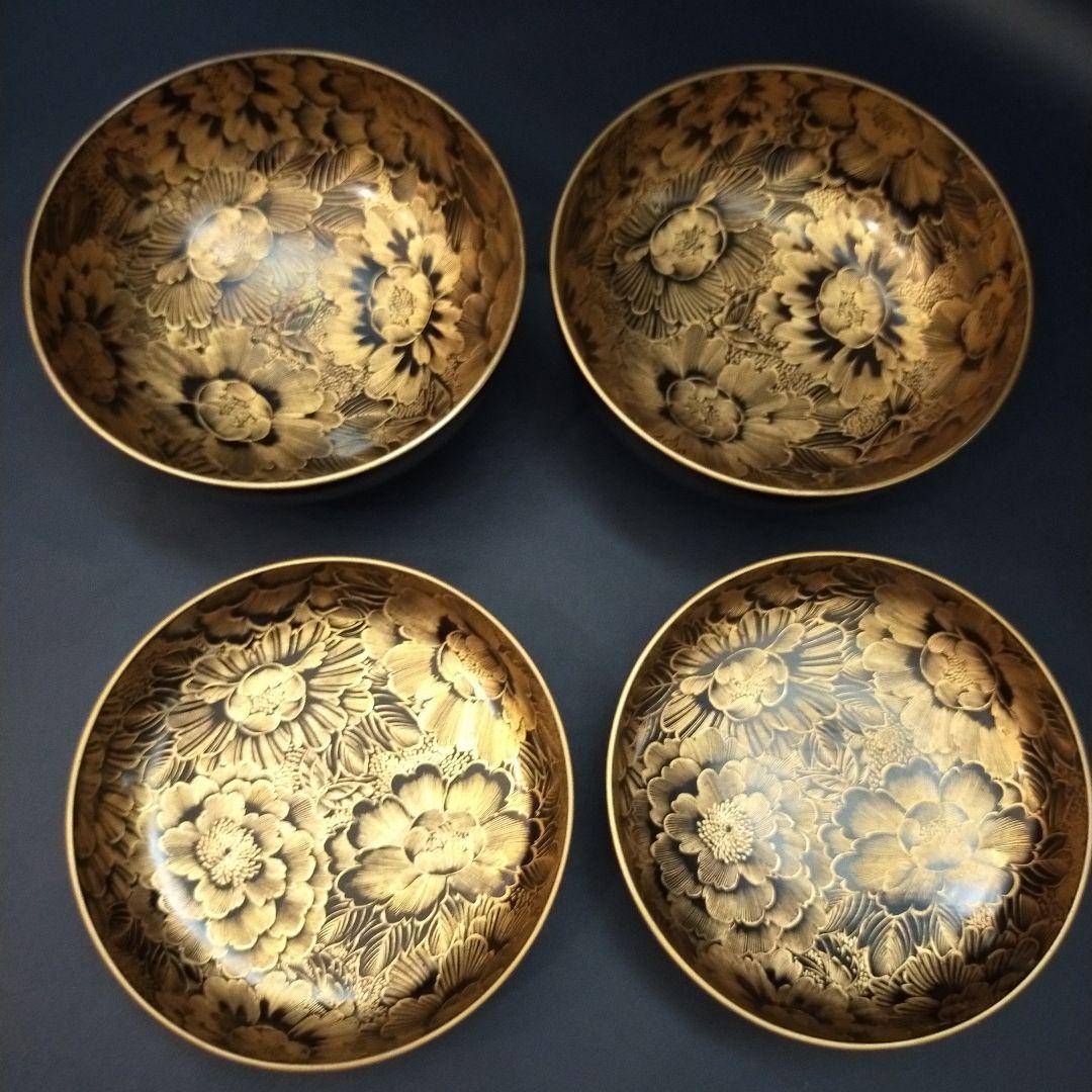 確認用　能登輪島塗 内総沈金 牡丹紋詰 吸物椀 茶道具 懐石 菓子椀 2客