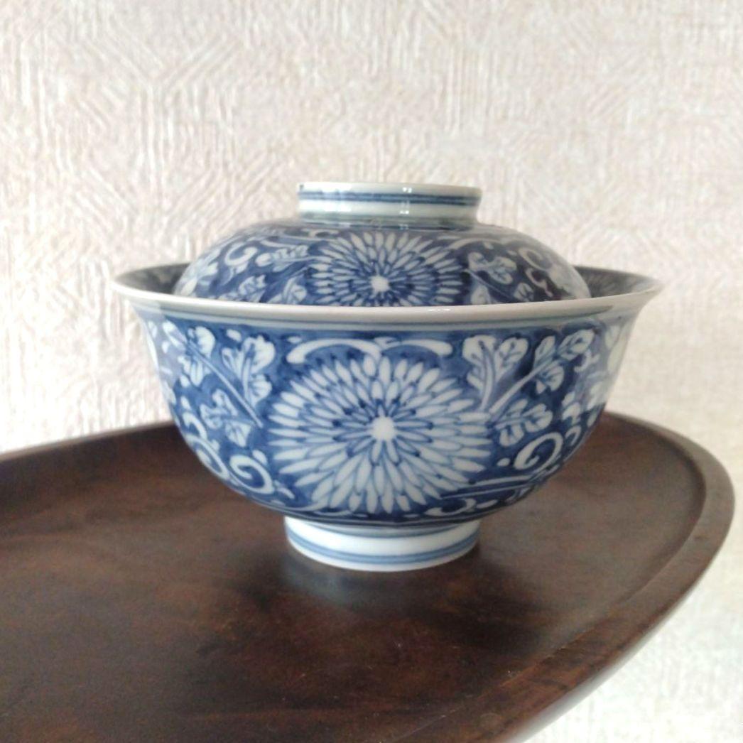 古伊万里染付菊唐草蓋付茶碗道光年製