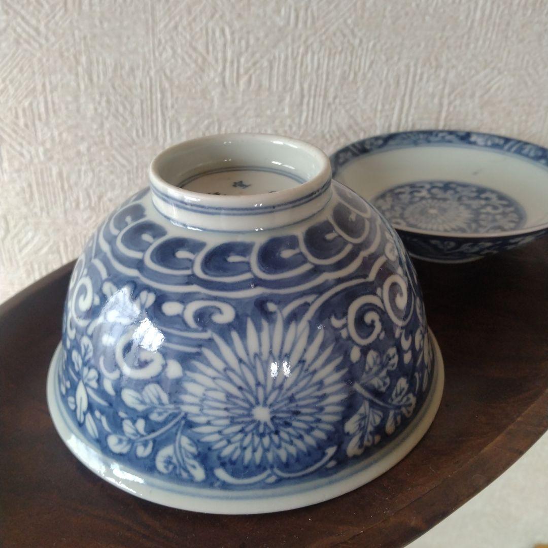 古伊万里染付菊唐草蓋付茶碗道光年製