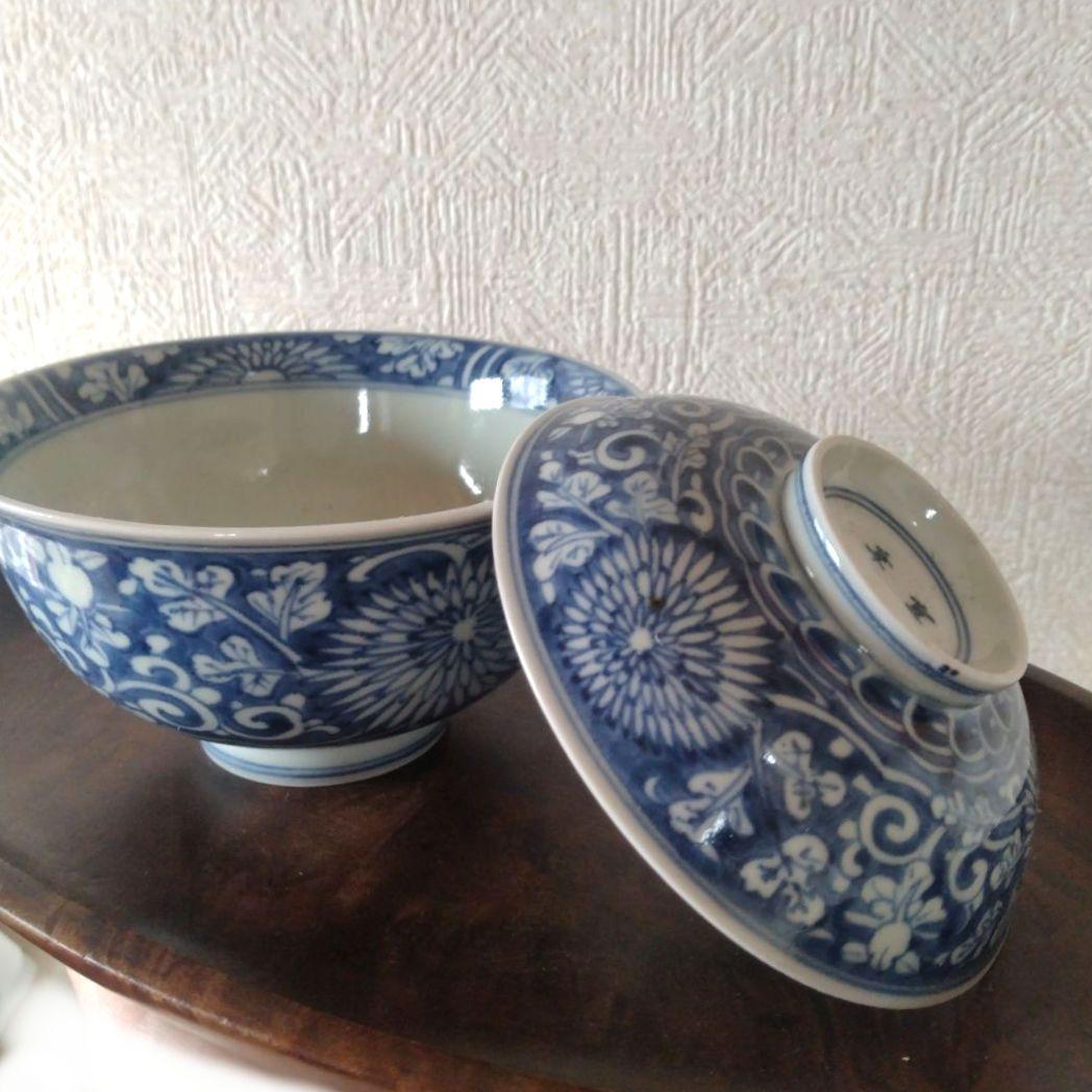 古伊万里染付菊唐草蓋付茶碗道光年製