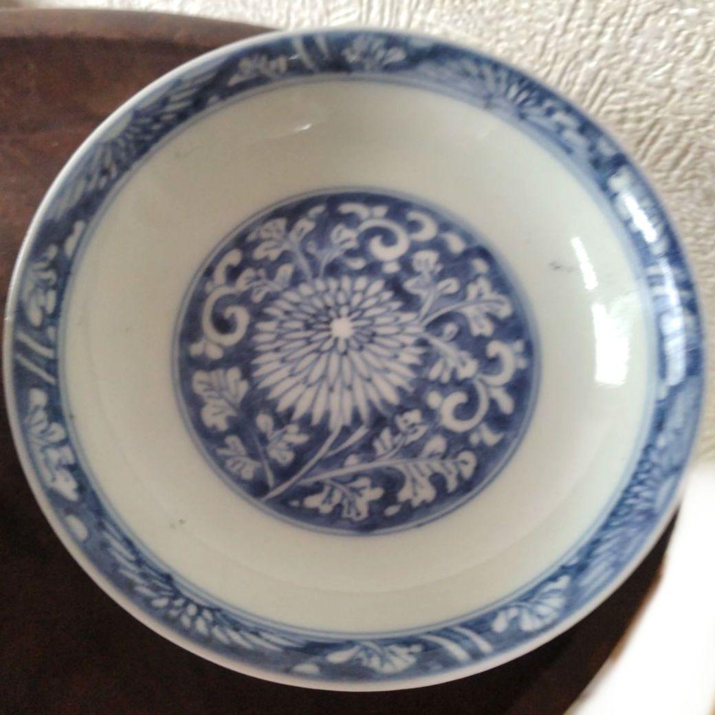 古伊万里染付菊唐草蓋付茶碗道光年製