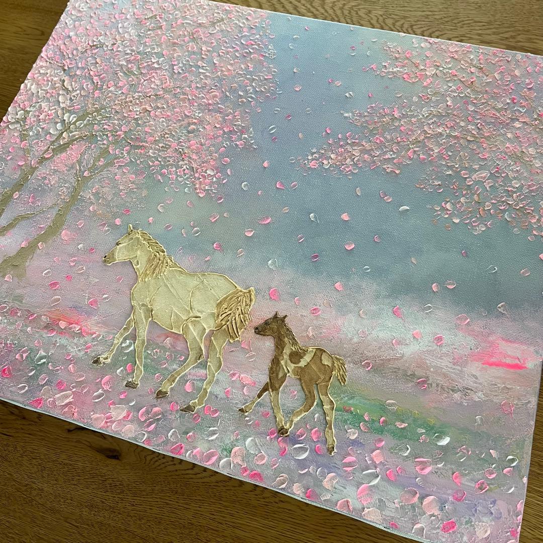 馬　馬の絵 桜 花の絵 テクスチャーアート さくら