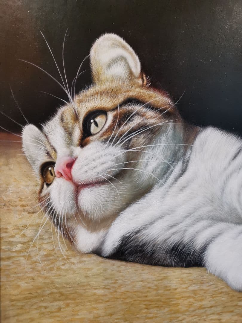 100%手描き 猫の絵画 リアル 写実画 額縁入り インテリア 癒し【送料無料】