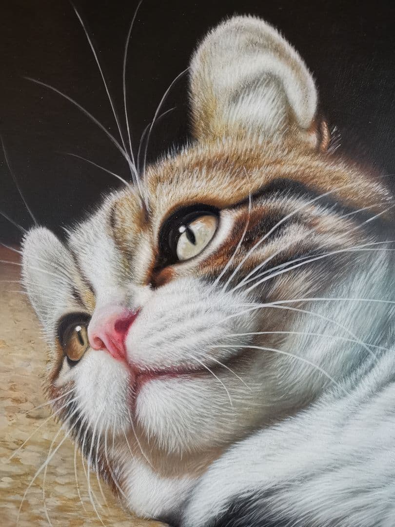 100%手描き 猫の絵画 リアル 写実画 額縁入り インテリア 癒し【送料無料】