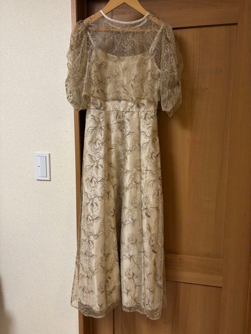 シャーリングスリーブ 総レース フェミニン パーティー ドレス 結婚式