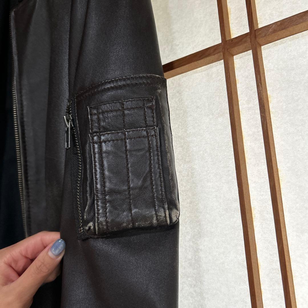 リブ襟ライダース 羊革 本革100% ブラウン Lサイズ