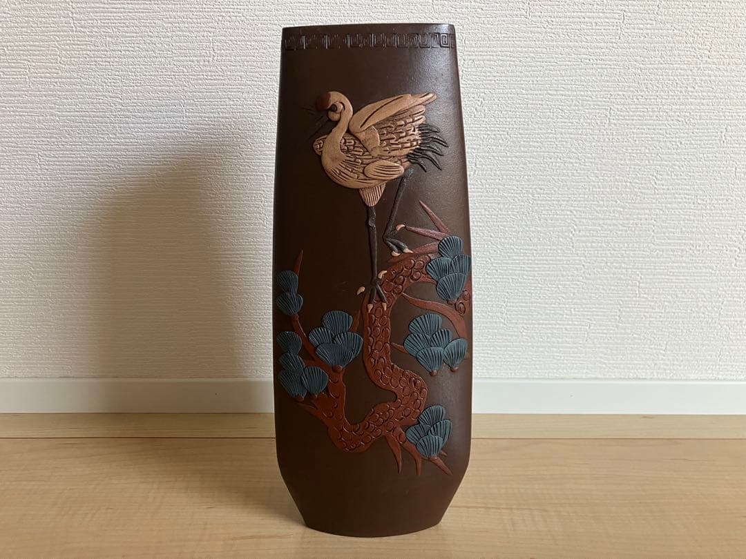 花入 花器 花瓶 紫泥 紫砂 花鳥・松鶴・蘭蝶柄 在銘