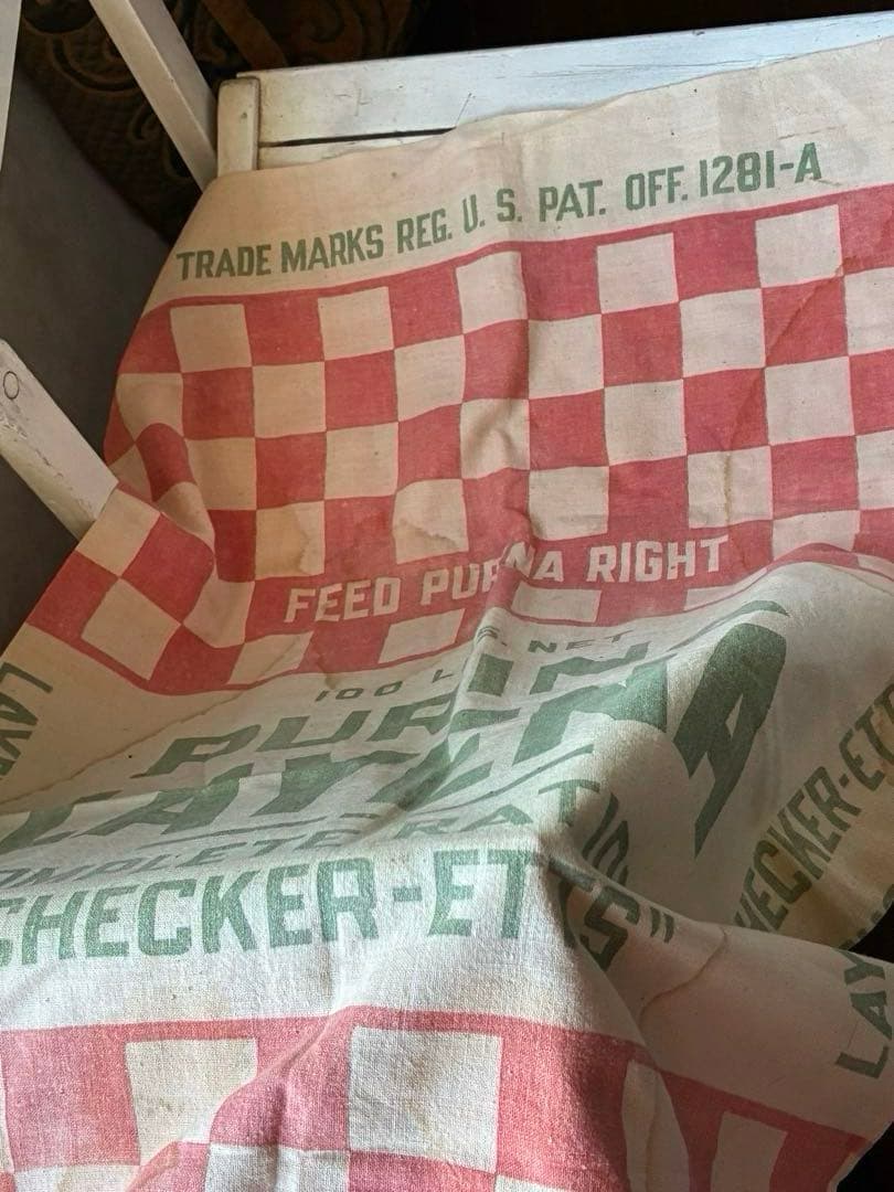 アンティーク　美しい　大きな　コットン　リネン　袋　市松模様　チェック　アメリカ