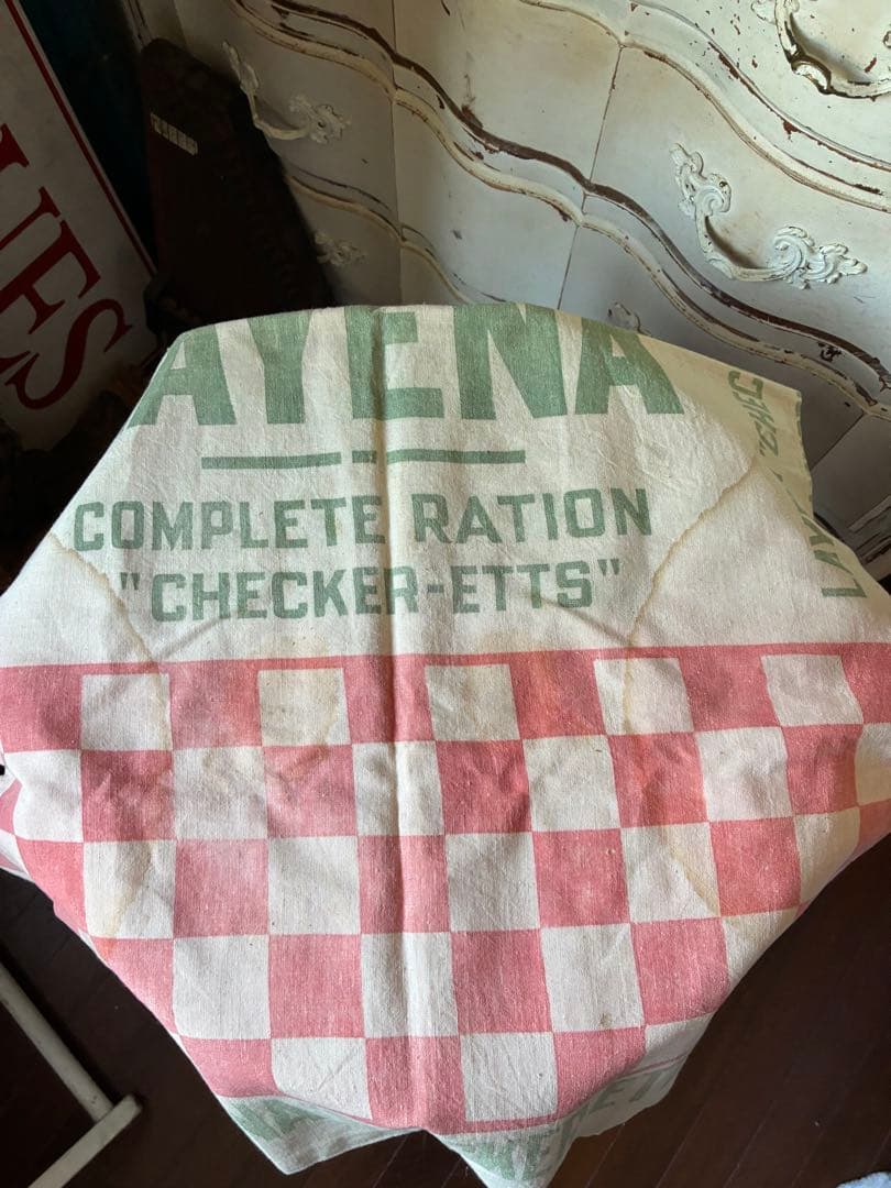 アンティーク　美しい　大きな　コットン　リネン　袋　市松模様　チェック　アメリカ