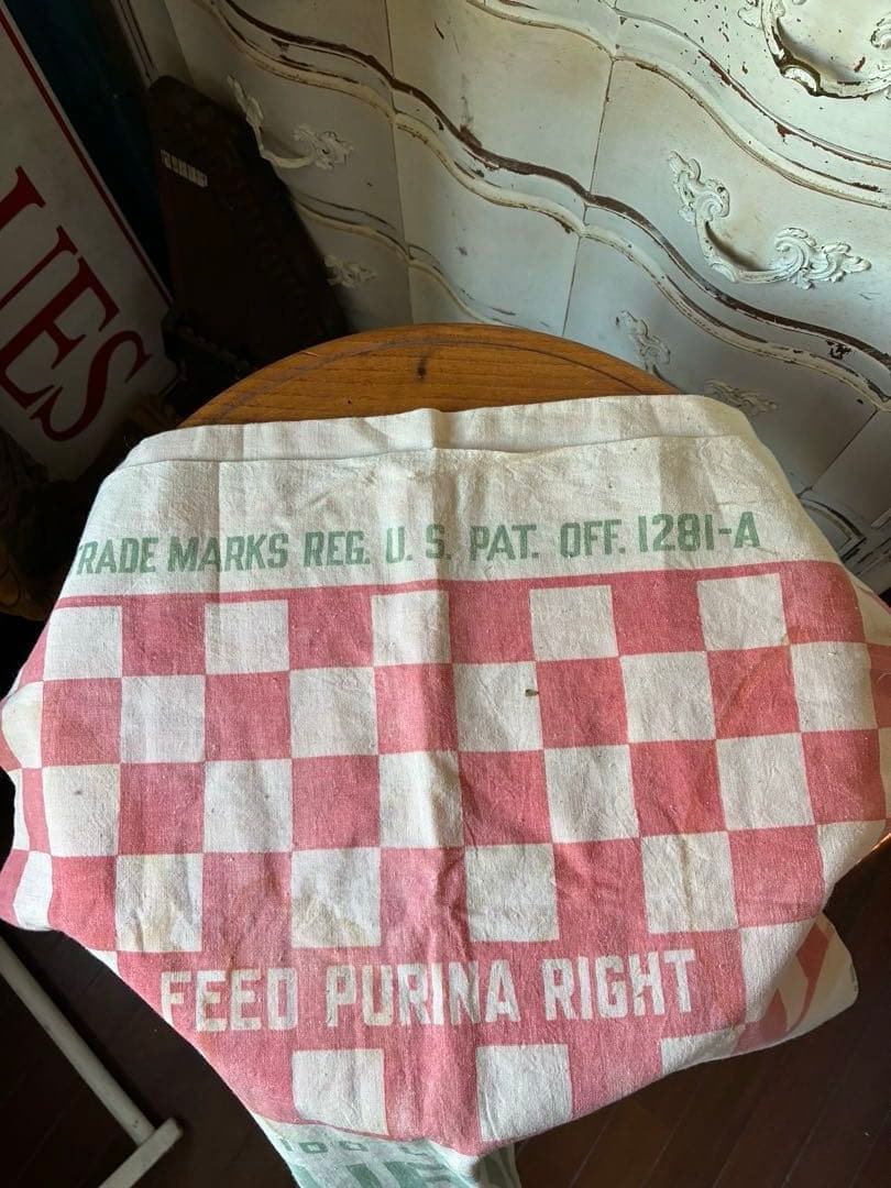 アンティーク　美しい　大きな　コットン　リネン　袋　市松模様　チェック　アメリカ