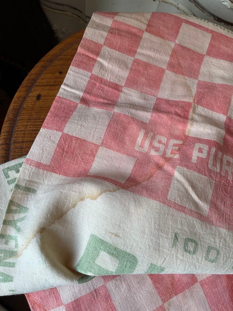 アンティーク　美しい　大きな　コットン　リネン　袋　市松模様　チェック　アメリカ