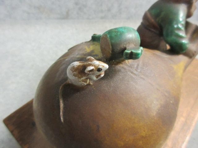 九谷焼秋塘陶園中村翠恒ねずみに大黒の置物共箱付き [B25561]