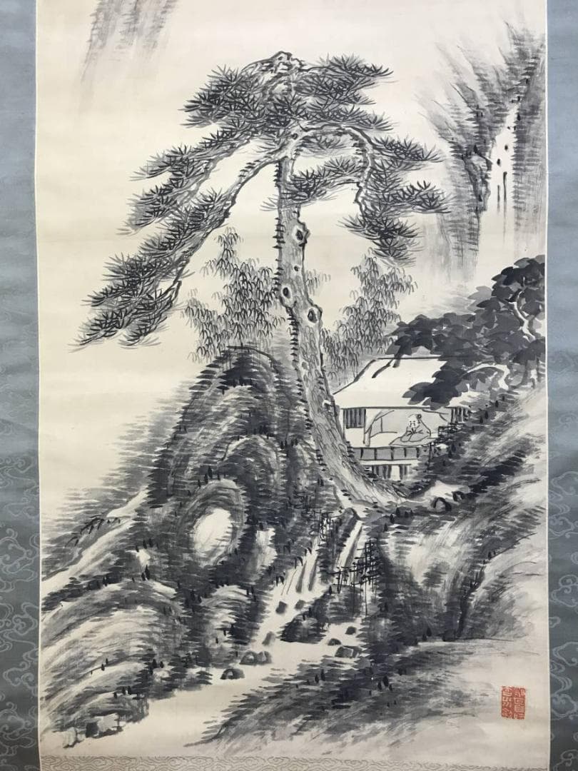 真作/田能村直入/山水人物画賛/山水図/水墨山水図/掛軸/名家伝来AE-390