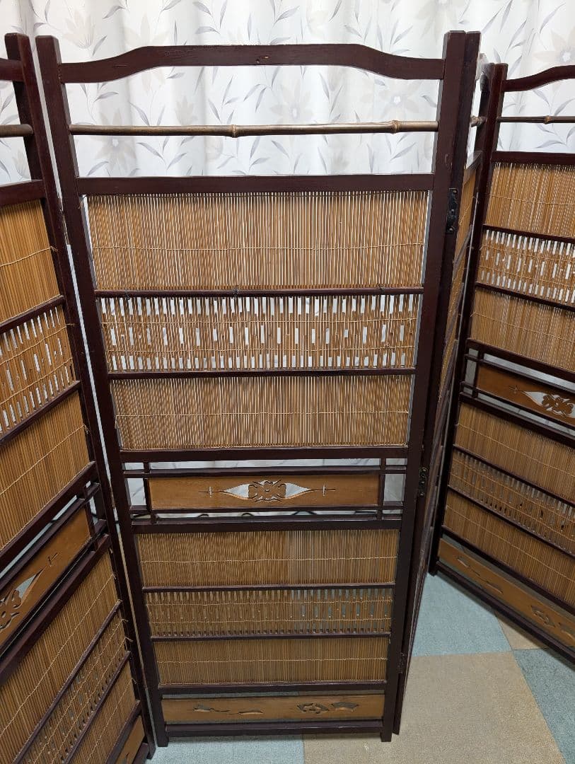 古家具　パーテーション 　　屏風　衝立　4連　竹　木製