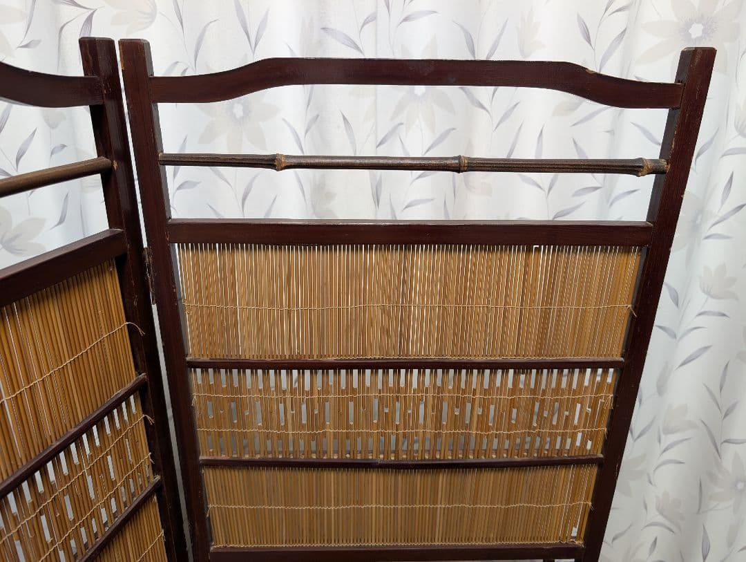 古家具　パーテーション 　　屏風　衝立　4連　竹　木製