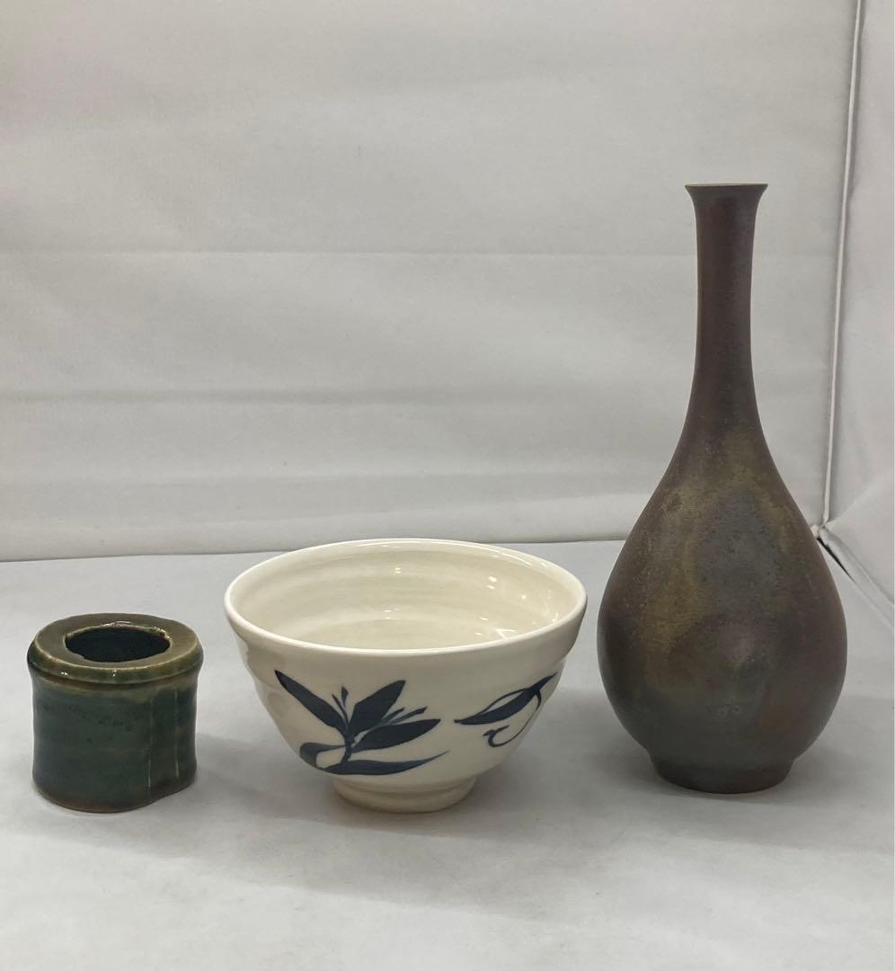 B143  備前花入・砥部白水茶碗・織部蓋置　茶道具3点セット　各共箱