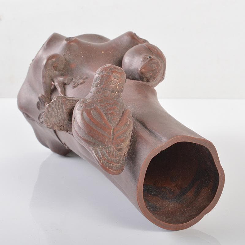 中国　紫砂　朱泥　梅に鳥彫　花瓶　在銘　V　R6388