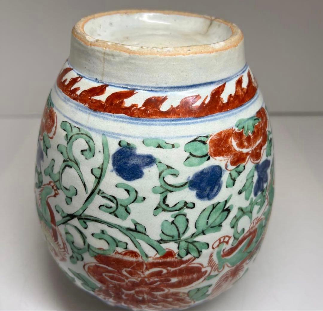 中国明時代　明代の五彩壺　南京赤絵大壷　置物　アンティーク　骨董　飾り物古美術品