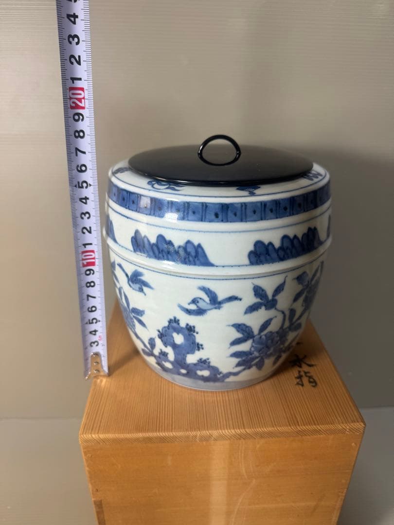 2637 川瀬満之作　染付花鳥文　水指　共箱　茶道具