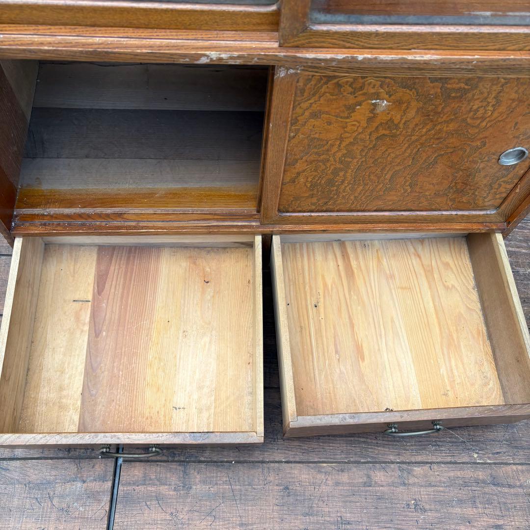 昭和レトロ 無垢材 茶棚 茶箪笥 ガラス戸 サイドボード 古家具 ビンテージ