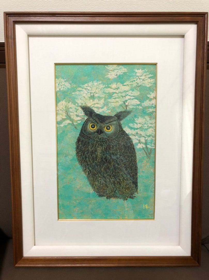 絵画 粒画 勝田幸男 桜とみみずく