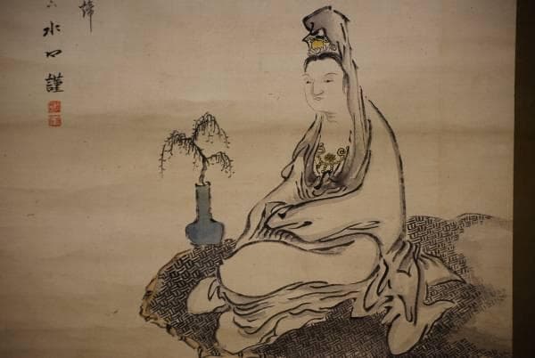 真作/水石/観音画賛/絹表装/布袋屋掛軸HC-815