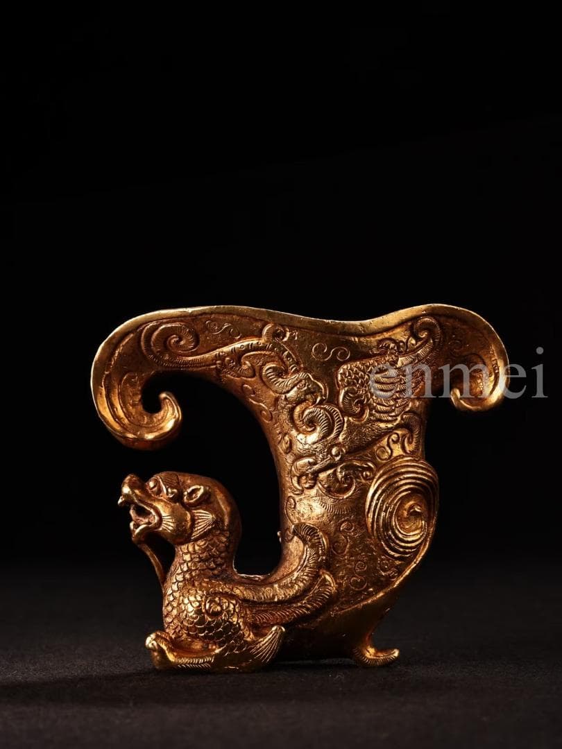 中国古美術・旧藏珍品・唐代風龍紋高浮彫・鎏金銅製酒器・酒具・純銅製・置物・風水