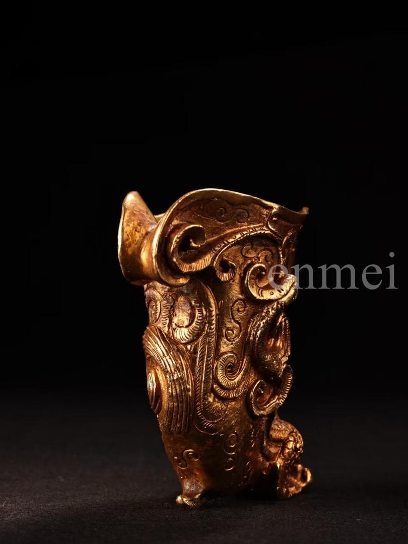 中国古美術・旧藏珍品・唐代風龍紋高浮彫・鎏金銅製酒器・酒具・純銅製・置物・風水