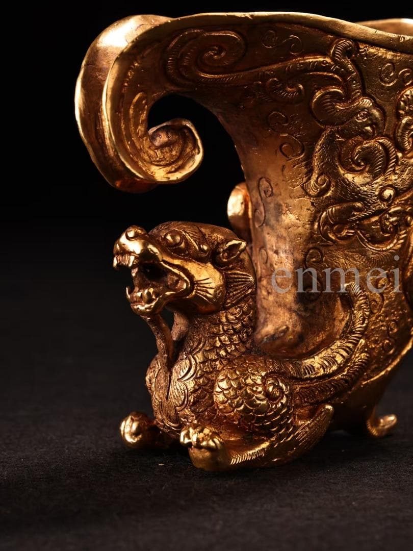 中国古美術・旧藏珍品・唐代風龍紋高浮彫・鎏金銅製酒器・酒具・純銅製・置物・風水