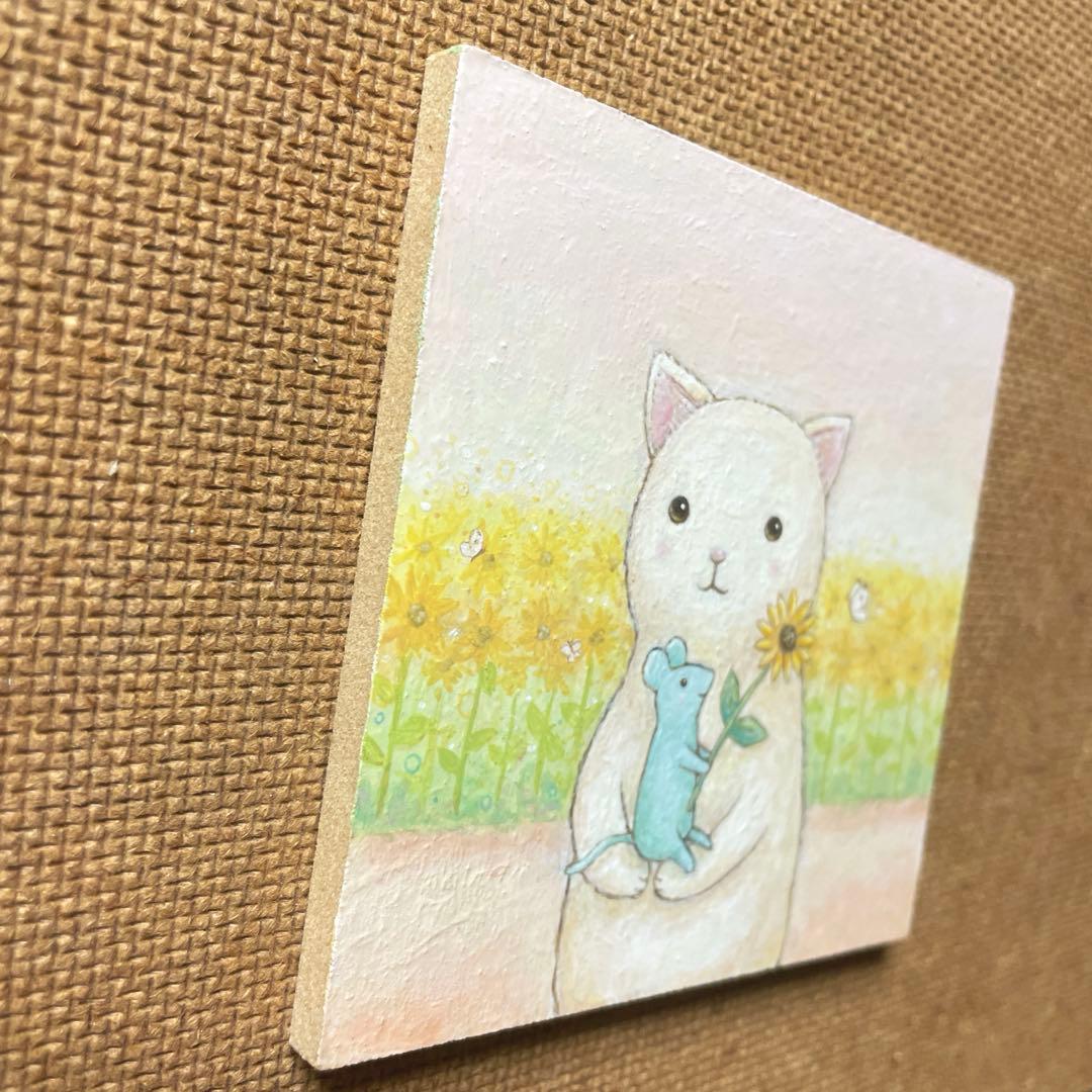 けいページ　お取り置き中　自作絵画　お気に入りの一輪　猫とネズミの絵