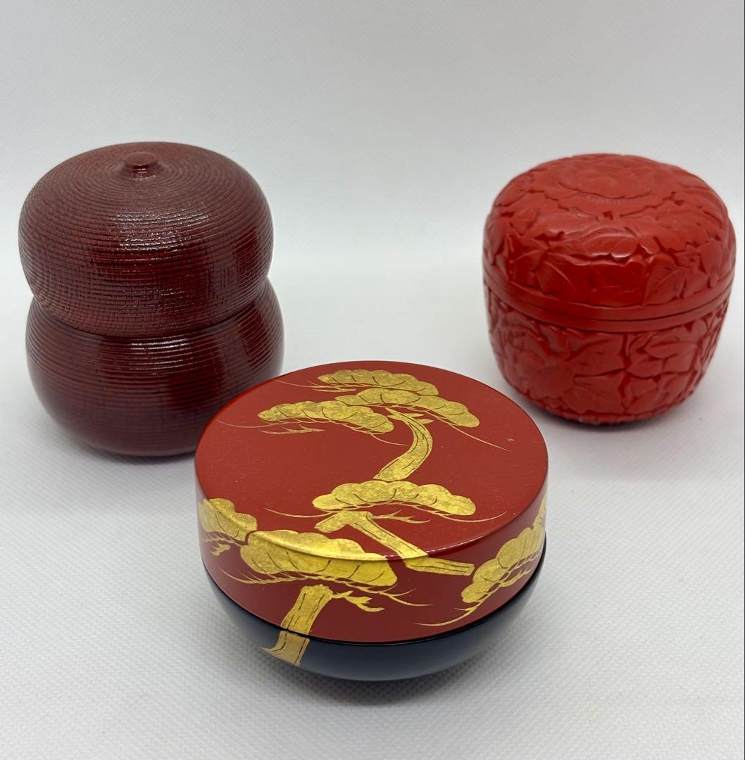 #朱漆蒔絵・糸目千筋瓢箪形・堆朱 牡丹 茶道具　棗3点セット　P-21