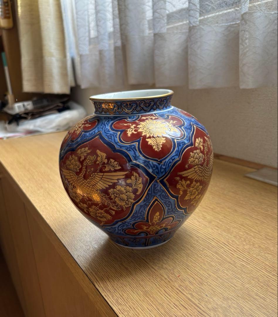 有田焼 勝山作 手描き 骨董品 金襴手 鳳凰文 花瓶　インテリア 限定品　風格
