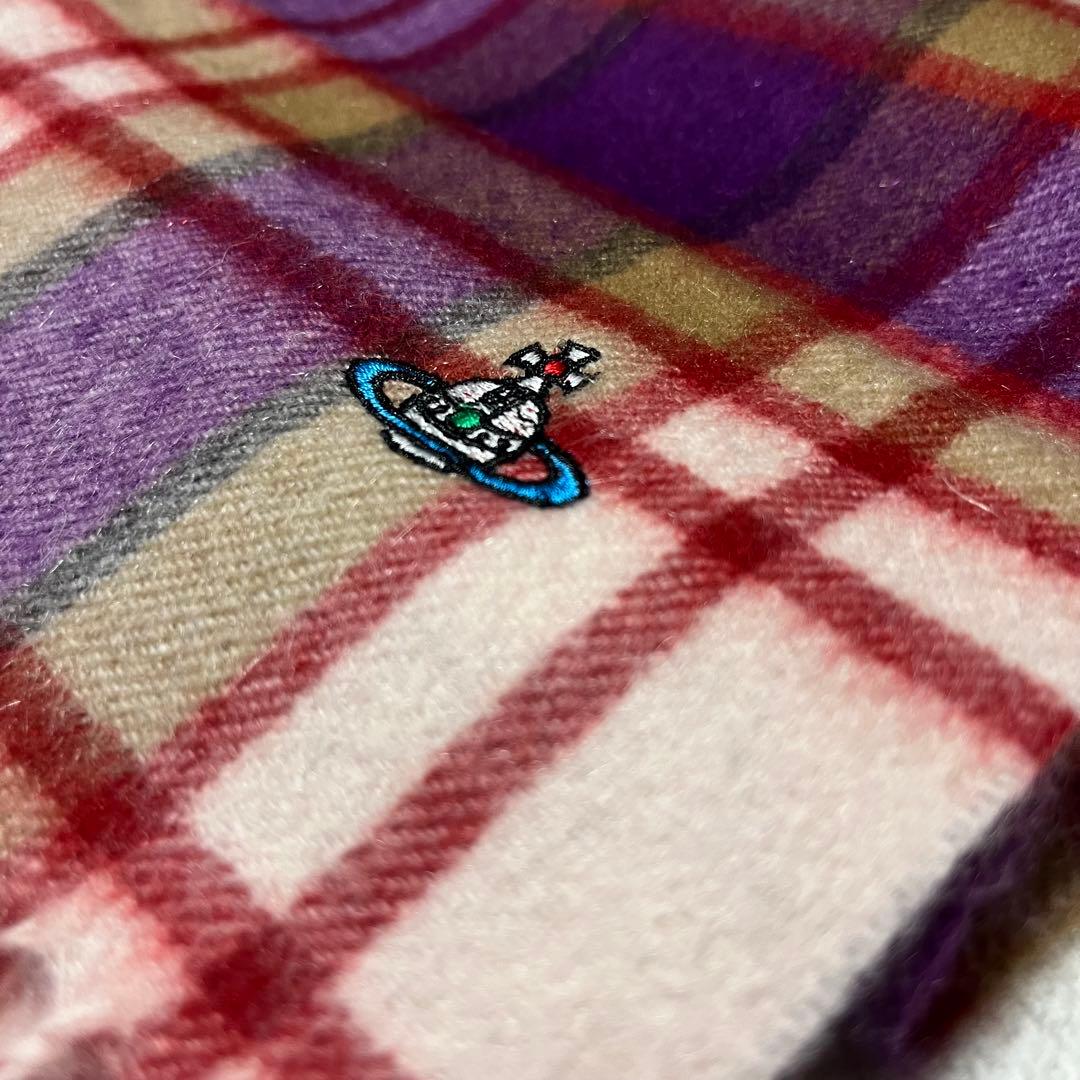 美品Vivienne Westwood チェック マフラー オーブ刺繍 カシミヤ