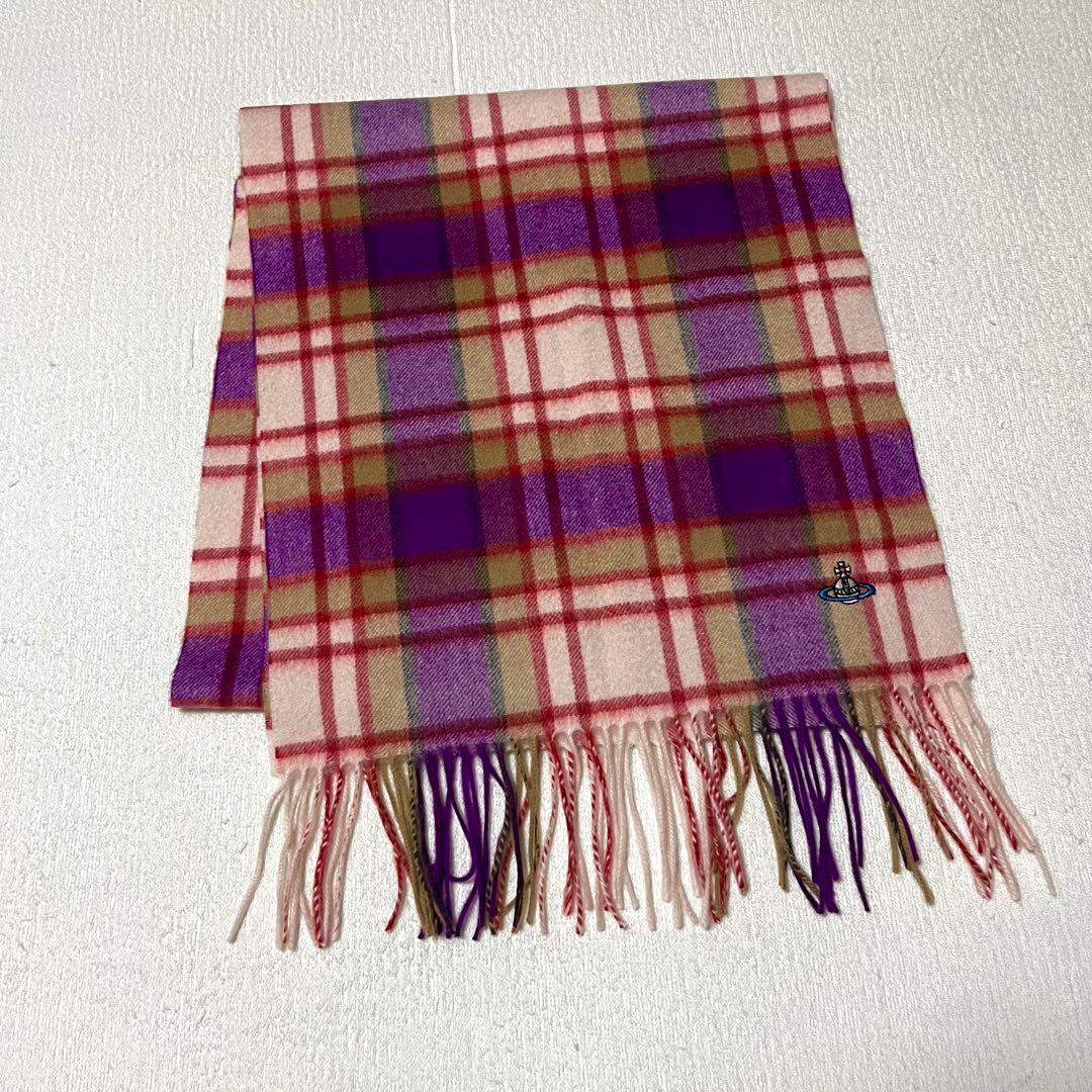 美品Vivienne Westwood チェック マフラー オーブ刺繍 カシミヤ