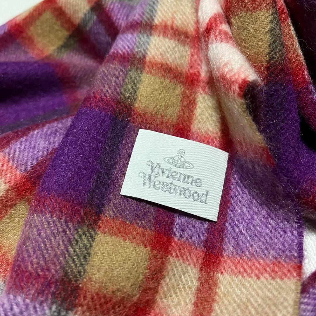 美品Vivienne Westwood チェック マフラー オーブ刺繍 カシミヤ