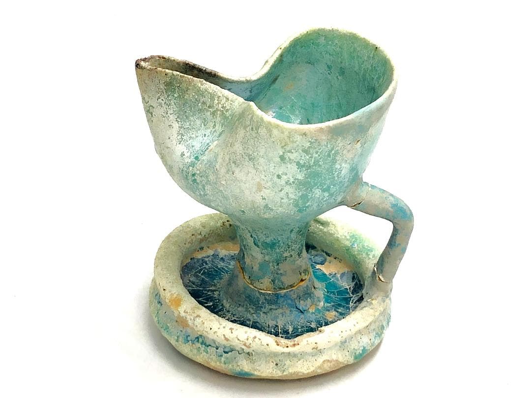 【 ペルシャ古陶 】 出土灯火器 青釉銀化 イスラム陶