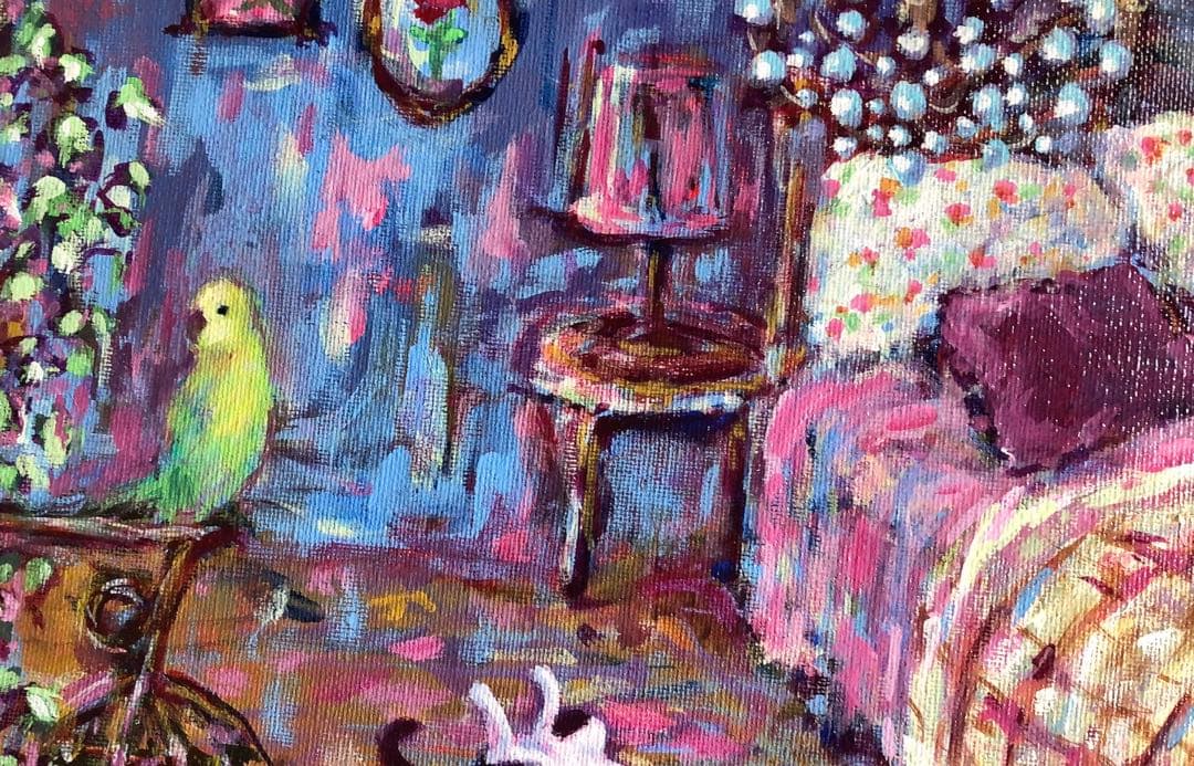「猫とインコとイングリッシュコッカーのいる寝室」 アクリル画 原画 F8