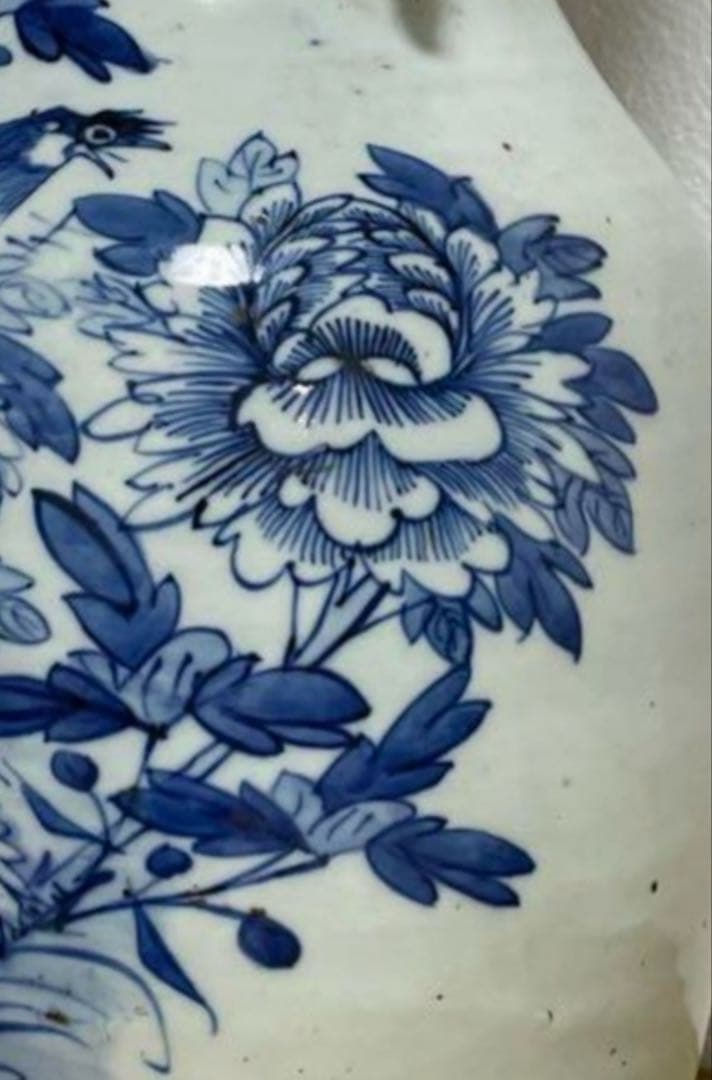 清時代 青花花鳥紋双耳瓶 中国骨董品。