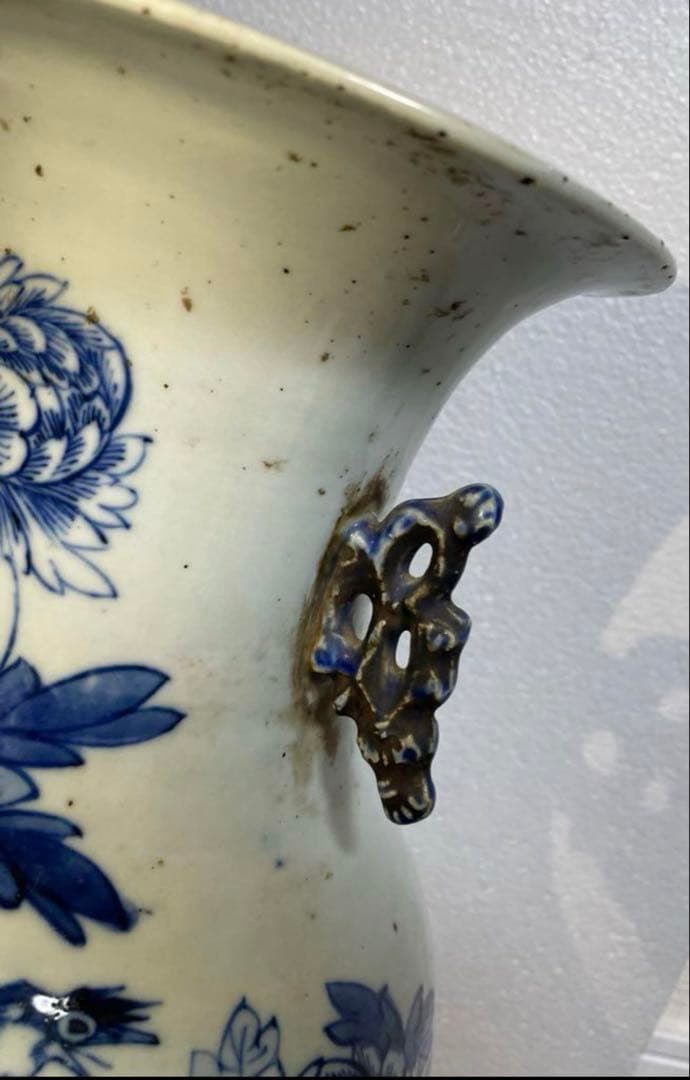 清時代 青花花鳥紋双耳瓶 中国骨董品。