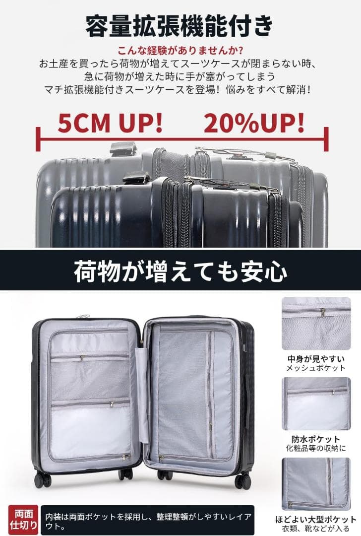 スーツケース 拡張型 フロントオープン ストッパー付き キャリーケース