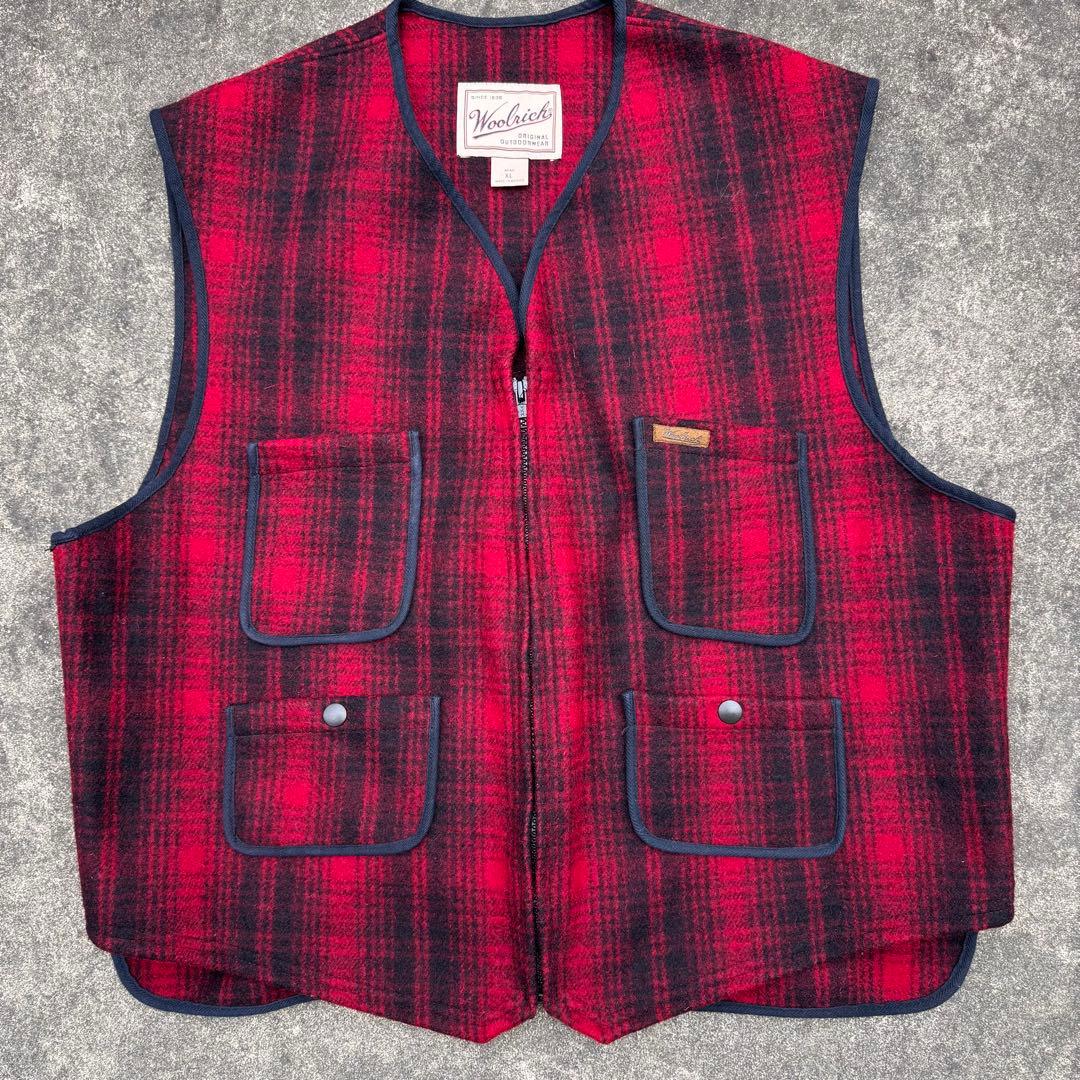 ウールリッチ 90's ウールベスト シャドーチェック 赤 黒 XL 肉厚 極暖