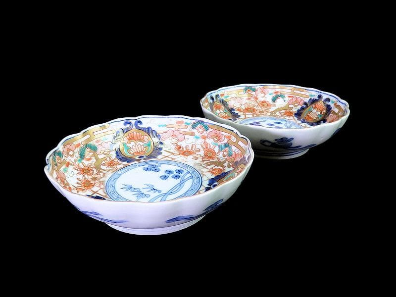 古伊万里　金襴手　松竹に牡丹の図　膾皿 ２客　E939AS-CQr