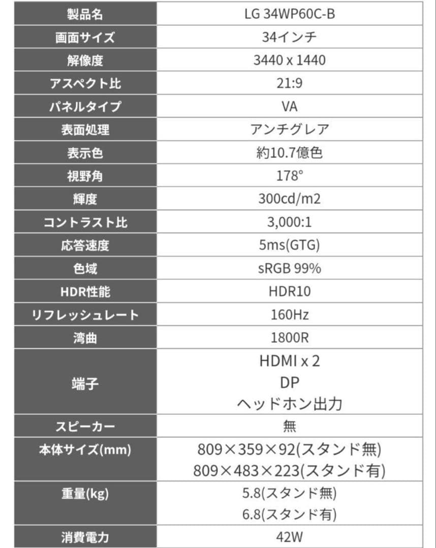 LG 34WP60C-B 34インチウルトラワイドモニター