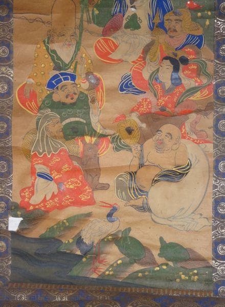 稀少 アンティーク 神社 七福神 毘沙門天 弁財天 大黒天 紙本 肉筆 掛軸
