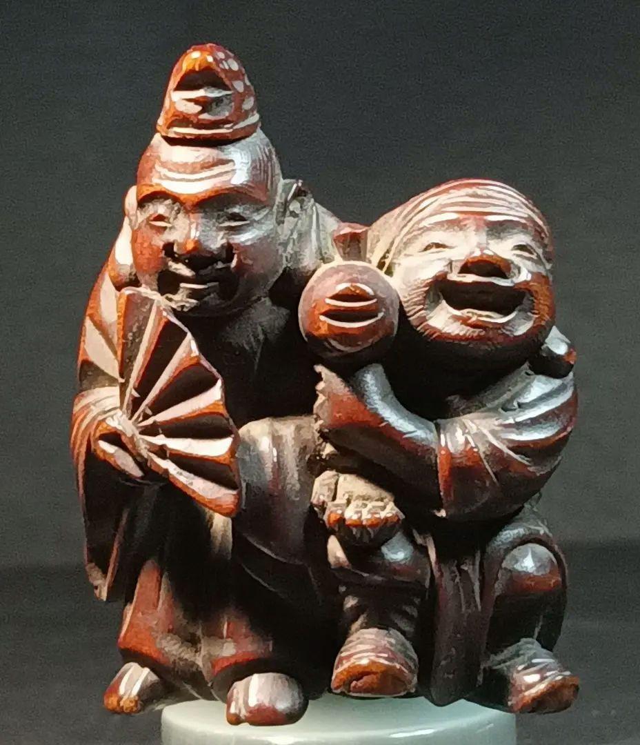 柘植彫 江戸時代 根付 「恵比寿大黒の図」 縁起物